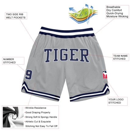 Custom Name Number Authentic Basketball Shorts Gray Navy White Personalized Design Personalized Gray Navy-White Authentic