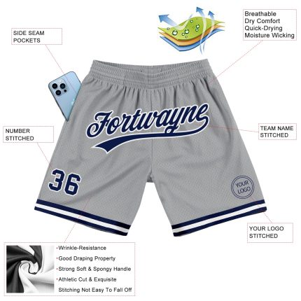 Personalized Gray Navy White Authentic Basketball Shorts - Throwback Style Personalized Gray Navy-White Authentic Throwback