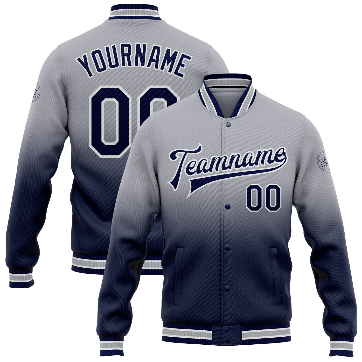 Personalized Team Custom Name Number Bomber Jacket Gray Navy White Full-Snap Varsity Letterman Fade Fashion Jacket Personalized