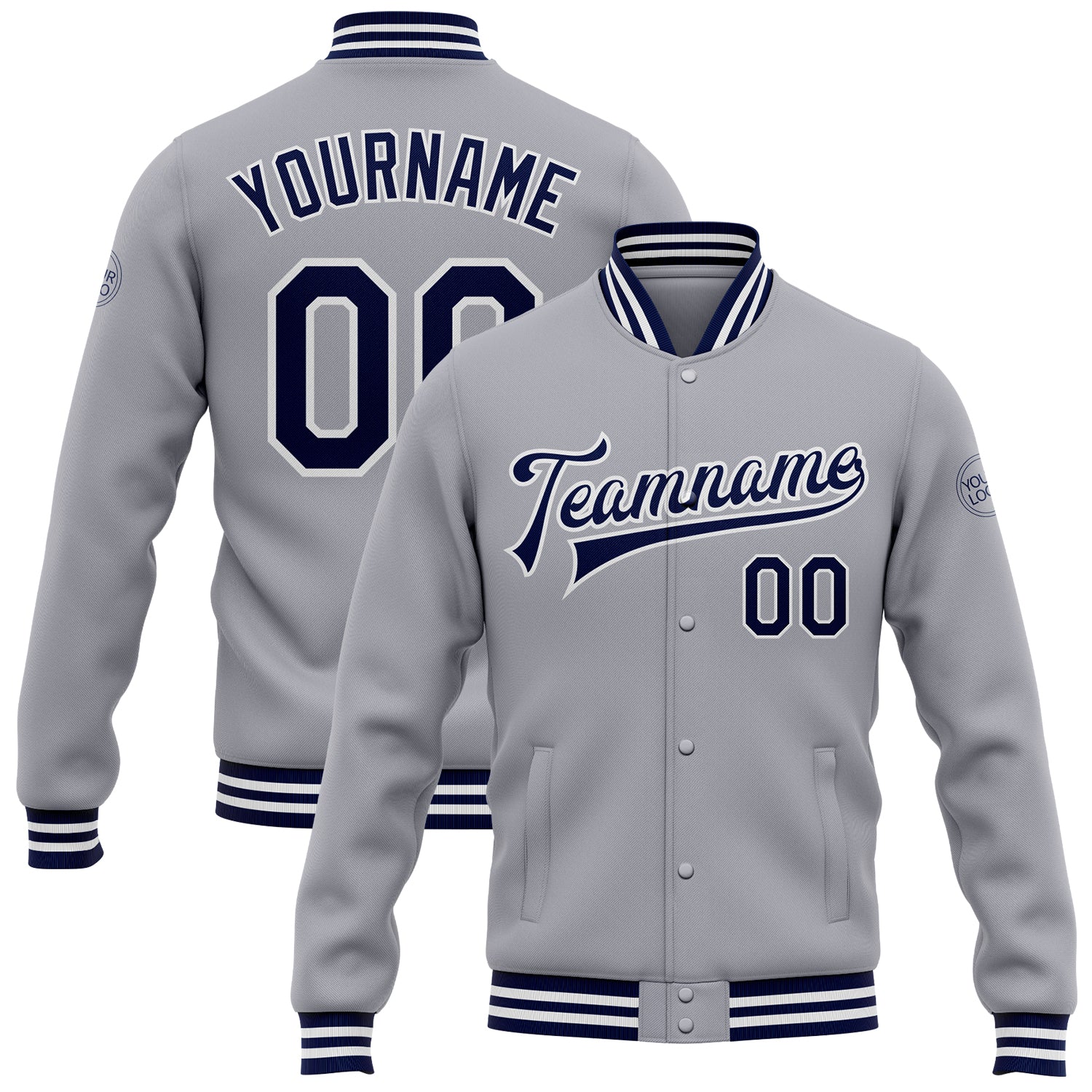 Personalized Gray Navy White Varsity Bomber Jacket Full-Snap Letterman Style Personalized Gray Navy-White Bomber Full-Snap