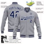 Personalized Gray Navy White Varsity Bomber Jacket Full-Snap Letterman Style Personalized Gray Navy-White Bomber Full-Snap