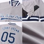 Custom Varsity Letterman Jacket with Personal Name and Number - Gray Navy-White Full-Snap Bomber Personalized Gray Navy-White