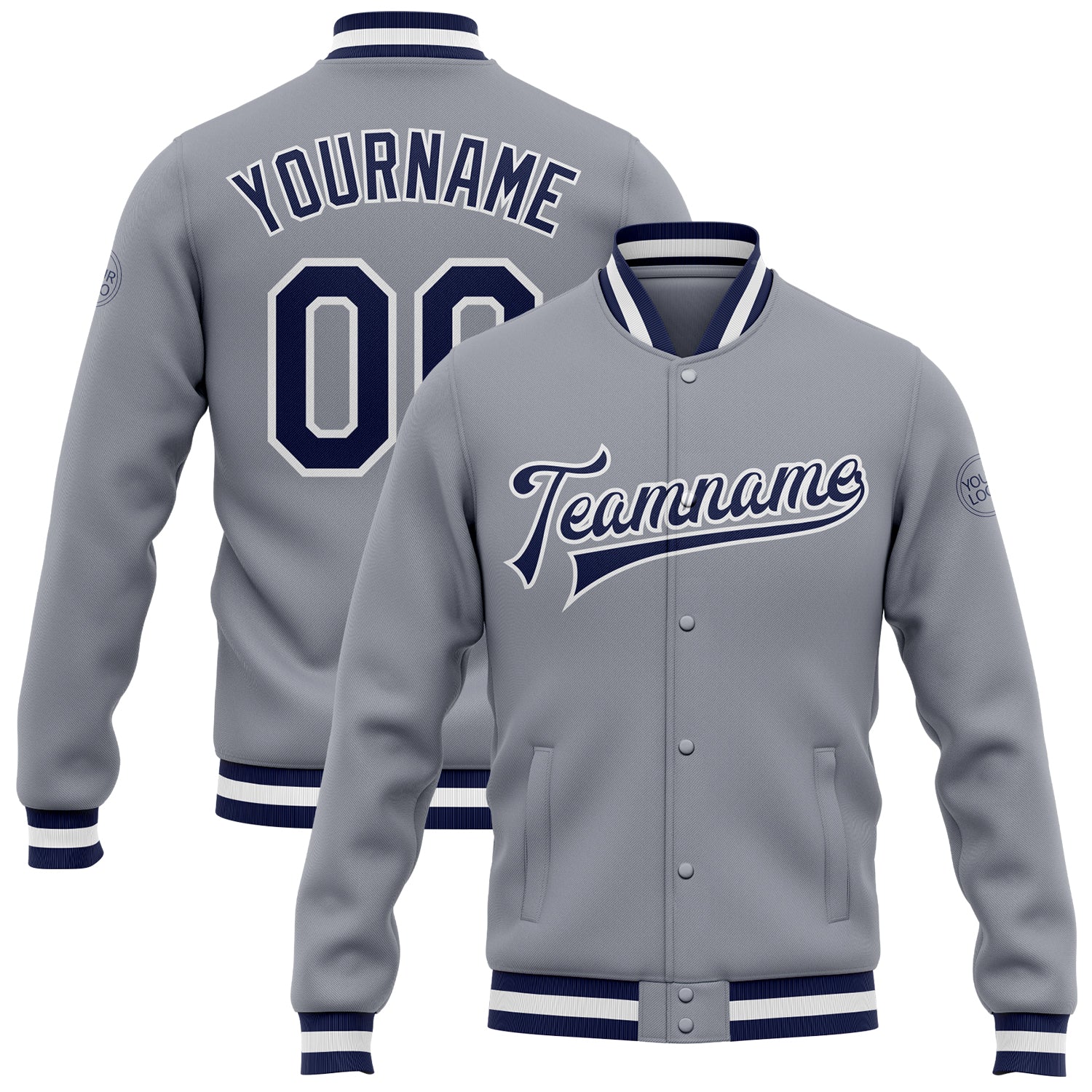 Custom Varsity Letterman Jacket with Personal Name and Number - Gray Navy-White Full-Snap Bomber Personalized Gray Navy-White
