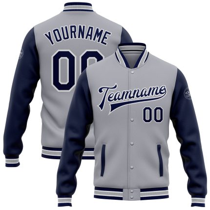 Personalized Varsity Letterman Jacket Gray Navy-White Two Tone Full-Snap Bomber Personalized Gray Navy-White Bomber Full-Snap
