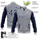 Custom Name and Number Bomber Jacket Two-Tone Navy White Gray Varsity Full-Snap Team Apparel Personalized Gray Navy-White