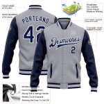 Personalized Varsity Letterman Jacket Gray Navy-White Two Tone Full-Snap Bomber Personalized Gray Navy-White Bomber Full-Snap