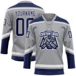 Custom Name & Number Hockey Jersey - Personalized Gray Navy-White Lace Neck Team Apparel Personalized Gray Navy-White Hockey