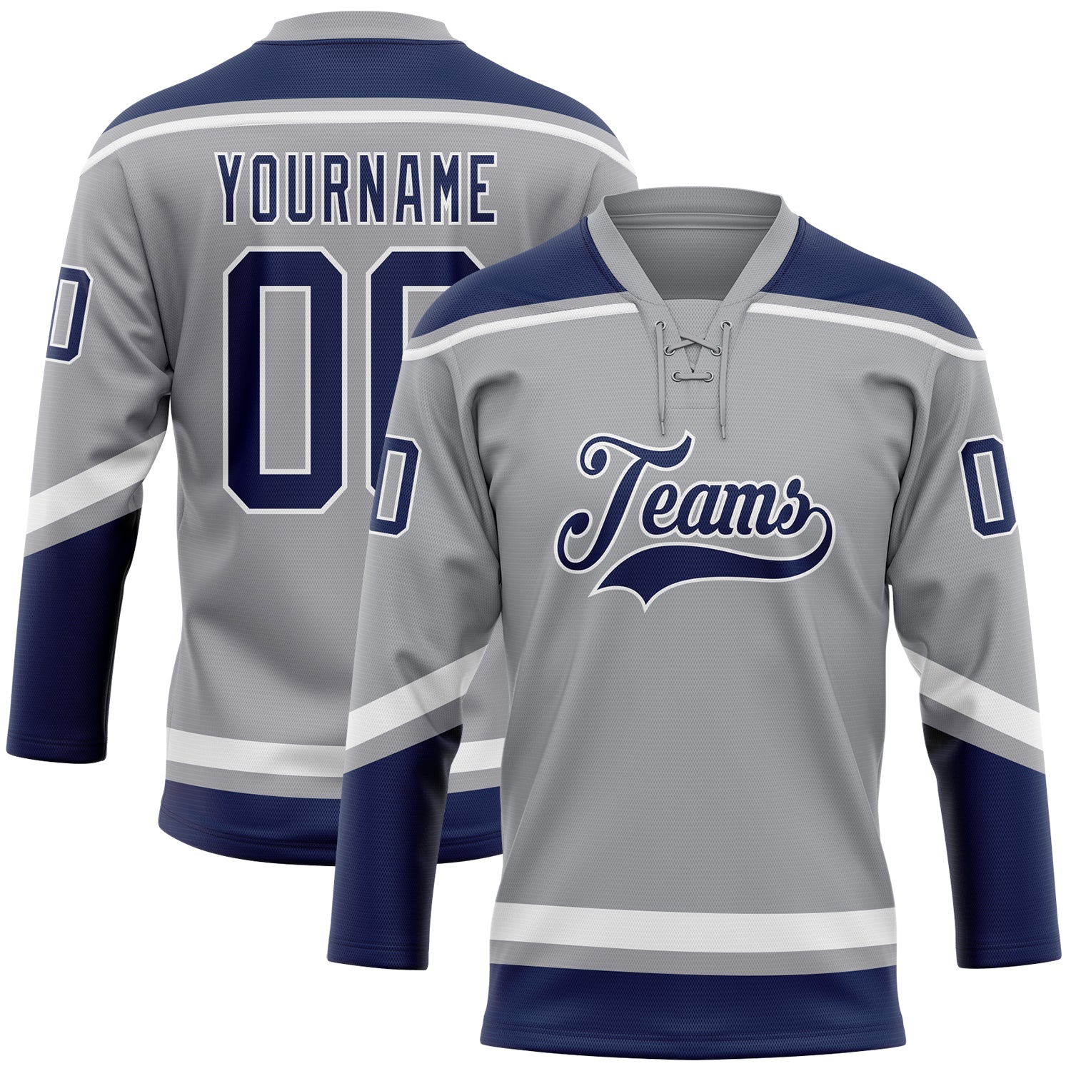 Custom Name & Number Hockey Jersey - Personalized Gray Navy-White Lace Neck Team Apparel Personalized Gray Navy-White Hockey