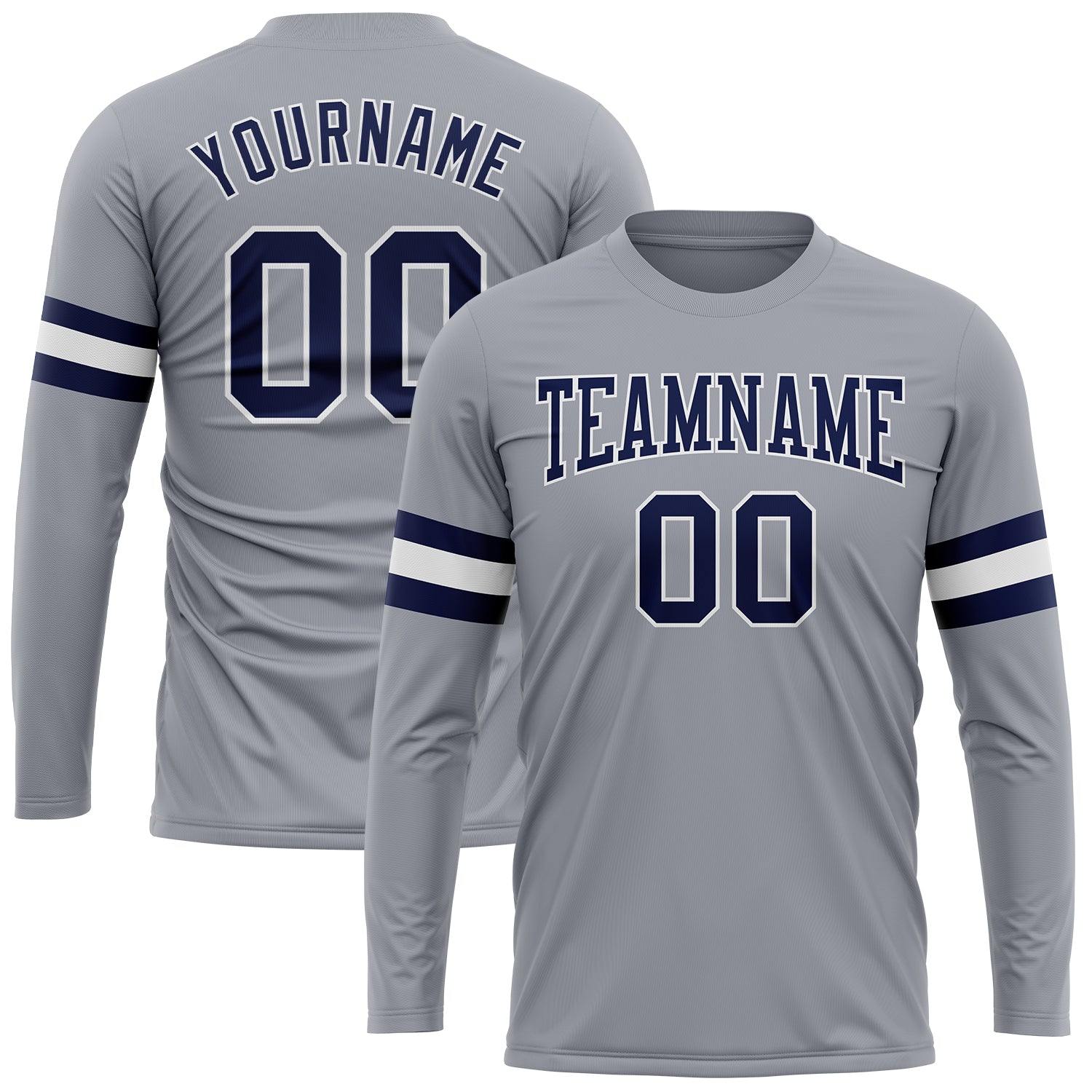 Custom Team Name Number Long Sleeve Performance T-Shirt Gray Navy White - Personalized Sportswear Personalized Gray Navy-White