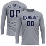 Custom Team Name Number Long Sleeve Performance T-Shirt Gray Navy White - Personalized Sportswear Personalized Gray Navy-White