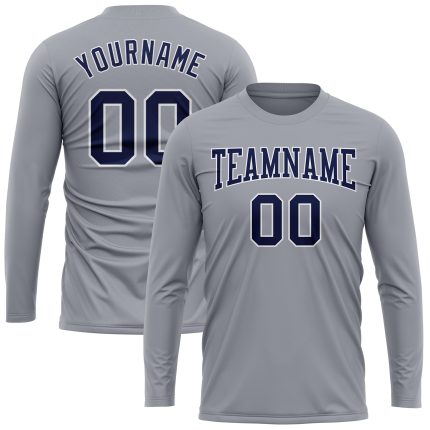 Custom Team Name Number Long Sleeve Performance T-Shirt Gray Navy White - Personalized Sportswear Personalized Gray Navy-White