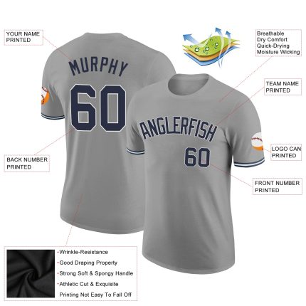 Custom Team Performance T-Shirt with Personalized Name and Number - Gray Navy-White Personalized Gray Navy-White Performance