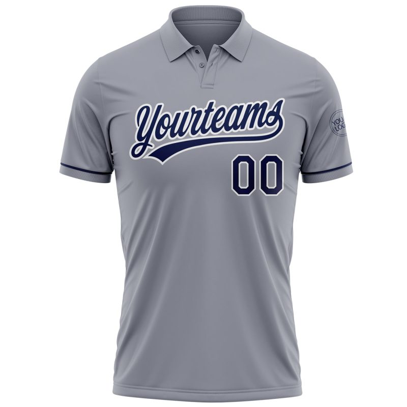 Custom Team Name Number Gray Navy-White Performance Vapor Golf Polo Shirt Personalized Gray Navy-White Performance Vapor