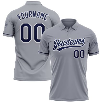 Custom Team Name Number Gray Navy-White Performance Vapor Golf Polo Shirt Personalized Gray Navy-White Performance Vapor