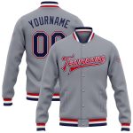 Custom Name and Number Personalized Varsity Letterman Jacket Gray Navy White-Red Bomber Full-Snap Personalized Gray Navy