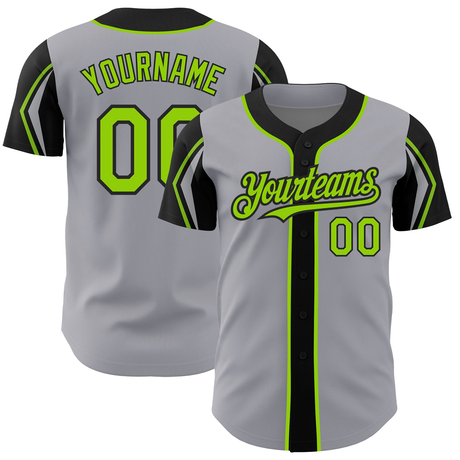 Custom Baseball Jersey with Personalized Name and Number - Authentic Gray Neon Green-Black Colors, Arm Shapes Personalized