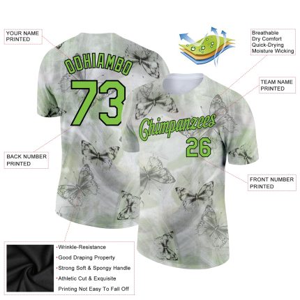 Custom Butterfly Performance T-Shirt with 3D Gray Neon Green-Black Pattern, Personalized Name & Number Personalized Gray