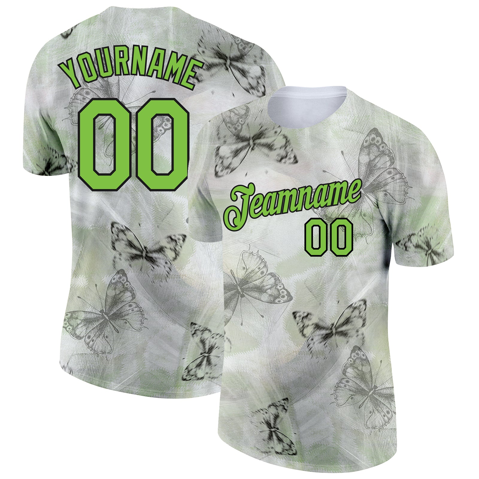 Custom Butterfly Performance T-Shirt with 3D Gray Neon Green-Black Pattern, Personalized Name & Number Personalized Gray