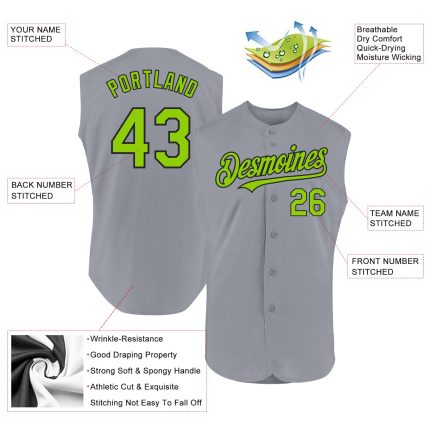 Custom Authentic Baseball Jersey with Personalized Sleeveless Design in Gray Neon Green and Black - Team Name & Number Personalized
