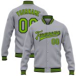 Custom Name Number Gray Neon Green-Black Varsity Bomber Full-Snap Letterman Jacket - Personalized Team Apparel Personalized