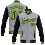 Custom Team Name Number Gray Green Black Bomber Varsity Jacket Full-Snap Two Tone Personalize Your Own Personalized Gray