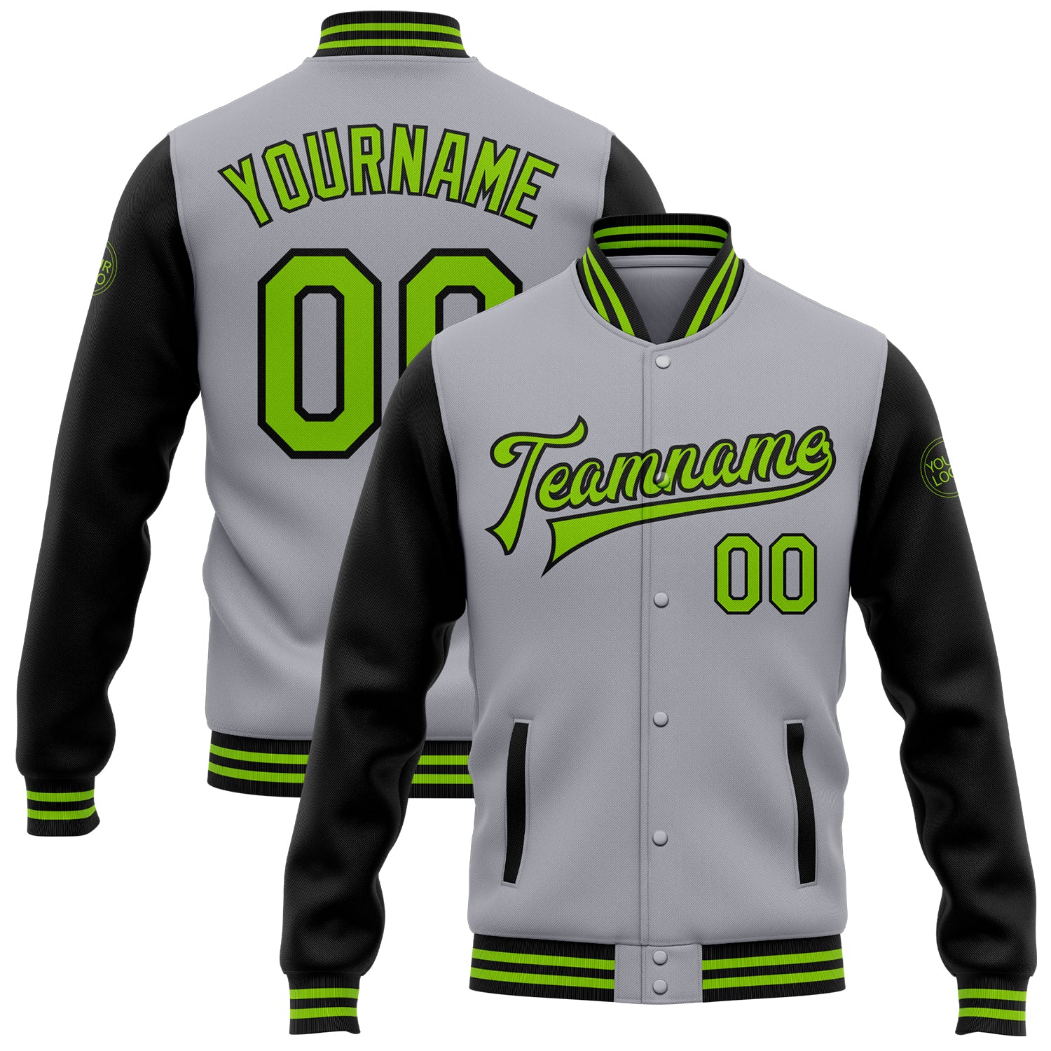 Custom Team Name Number Gray Green Black Bomber Varsity Jacket Full-Snap Two Tone Personalize Your Own Personalized Gray