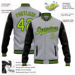 Custom Team Name Number Gray Green Black Bomber Varsity Jacket Full-Snap Two Tone Personalize Your Own Personalized Gray