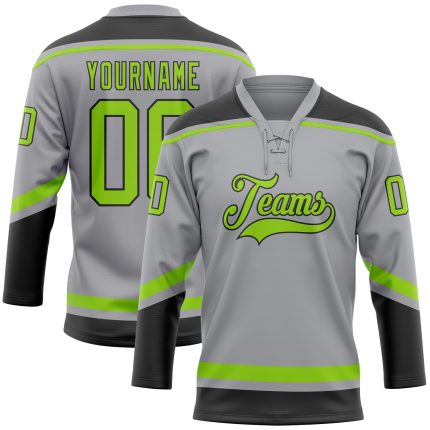 Custom Hockey Jersey with Personalized Name and Number in Gray Neon Green-Black Lace Neck Design Personalized Gray Neon Green-Black