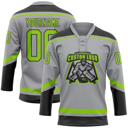 Custom Hockey Jersey with Personalized Name and Number in Gray Neon Green-Black Lace Neck Design Personalized Gray Neon Green-Black