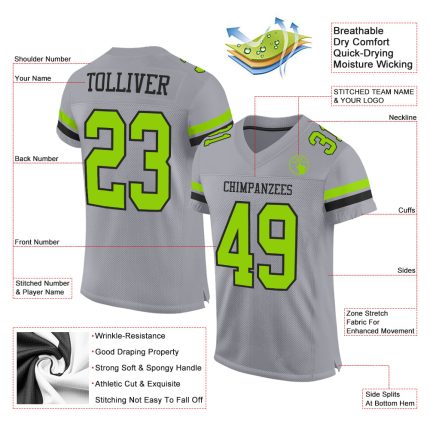 Personalized Gray Black Neon Green Football Jersey - Authentic Mesh Design Personalized Gray Neon Green-Black Mesh Authentic