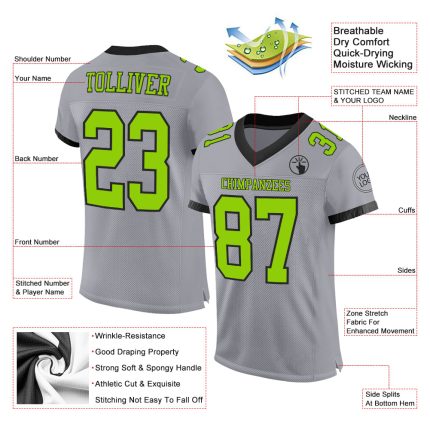 Custom Authentic Football Jersey - Personalized Gray Neon Green & Black - Team Name and Number Personalized Gray Neon Green-Black