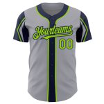 Custom Name and Number Baseball Jersey in Gray Neon Green and Navy - Authentic 3 Color Arm Shapes Personalized Gray Neon