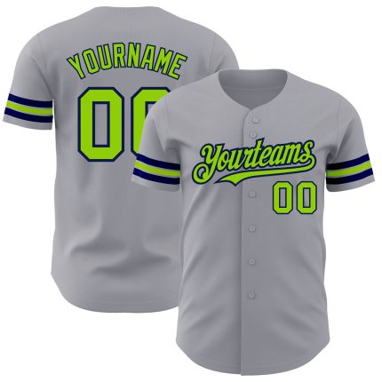 Personalized Gray and Neon Green Authentic Baseball Jersey - Navy Trim Personalized Gray Neon Green-Navy Authentic Baseball