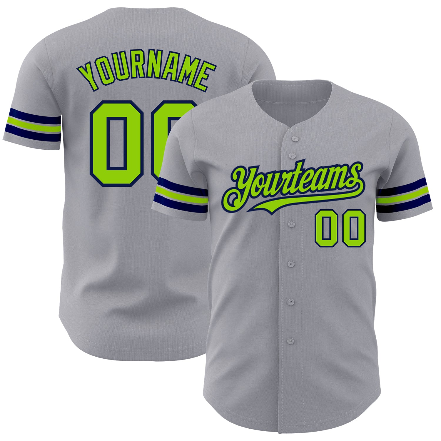 Personalized Gray and Neon Green Authentic Baseball Jersey - Navy Trim Personalized Gray Neon Green-Navy Authentic Baseball