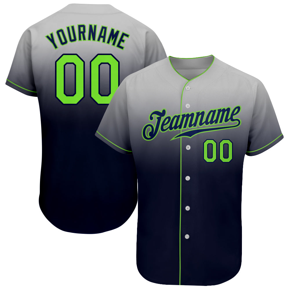 Custom Team Baseball Jersey - Personalized Gray Neon Green-Navy Fade with Name & Number Personalized Gray Neon Green-Navy