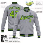 Custom Name and Number Varsity Letterman Jacket - Personalized Gray Neon Green-Navy Bomber Personalized Gray Neon Green-Navy