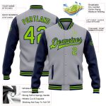 Personalized Varsity Letterman Jacket with Custom Team Name & Number - Gray Green Navy Bomber Full Snap Two Tone Personalized