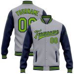 Personalized Varsity Letterman Jacket with Custom Team Name & Number - Gray Green Navy Bomber Full Snap Two Tone Personalized