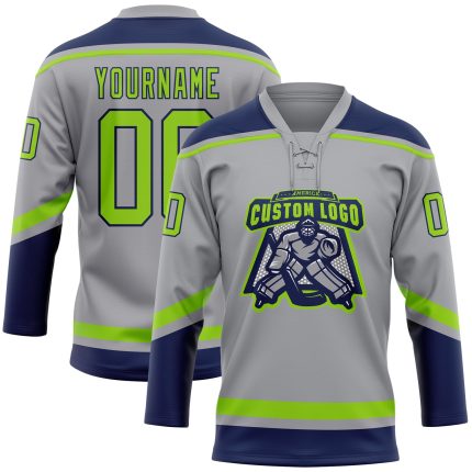 Personalized Hockey Jersey with Custom Name and Number in Gray, Neon Green, and Navy Lace Neck Design Personalized Gray Neon