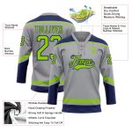 Personalized Hockey Jersey with Custom Name and Number in Gray, Neon Green, and Navy Lace Neck Design Personalized Gray Neon