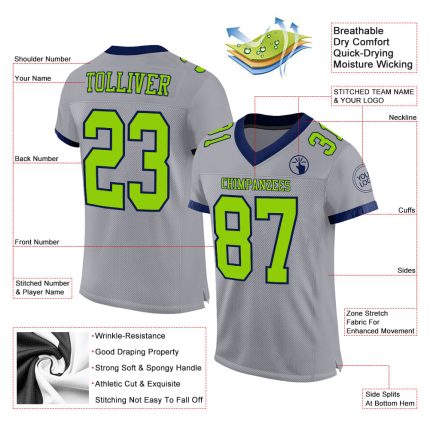 Personalized Authentic Football Jersey - Gray Neon Green Navy Mesh Design Personalized Gray Neon Green-Navy Mesh Authentic