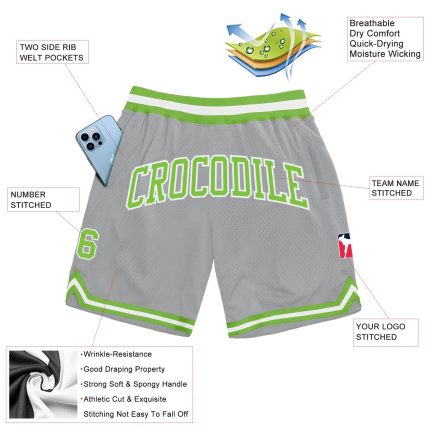 Custom Personalized Basketball Shorts with Name & Number - Gray Neon Green-White Authentic Throwback Style Personalized Gray