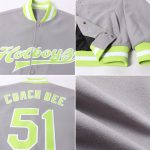 Custom Name and Number Varsity Letterman Jacket Gray Neon Green-White Full-Snap Bomber Style Personalized Gray Neon Green-White
