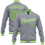 Custom Name and Number Varsity Letterman Jacket Gray Neon Green-White Full-Snap Bomber Style Personalized Gray Neon Green-White
