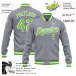 Custom Name and Number Varsity Letterman Jacket Gray Neon Green-White Full-Snap Bomber Style Personalized Gray Neon Green-White