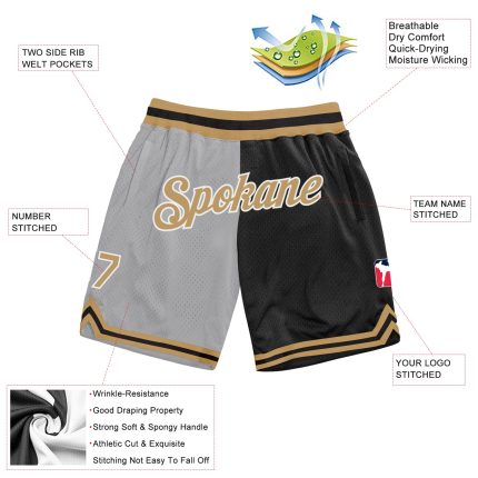 Custom Team Name Number Gray Gold-Black Authentic Throwback Basketball Shorts Fashion Split Style Personalized Gray Old Gold-Black