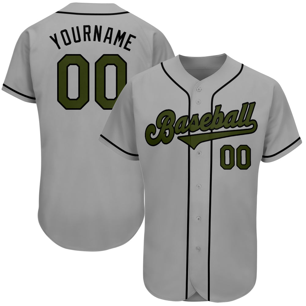 Personalized Olive-Black Memorial Day Baseball Jersey - Gray Authentic Design Personalized Gray Olive-Black Authentic Memorial