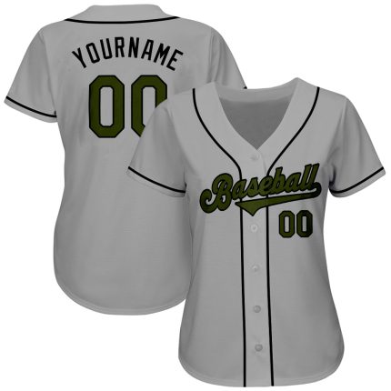 Personalized Olive-Black Memorial Day Baseball Jersey - Gray Authentic Design Personalized Gray Olive-Black Authentic Memorial