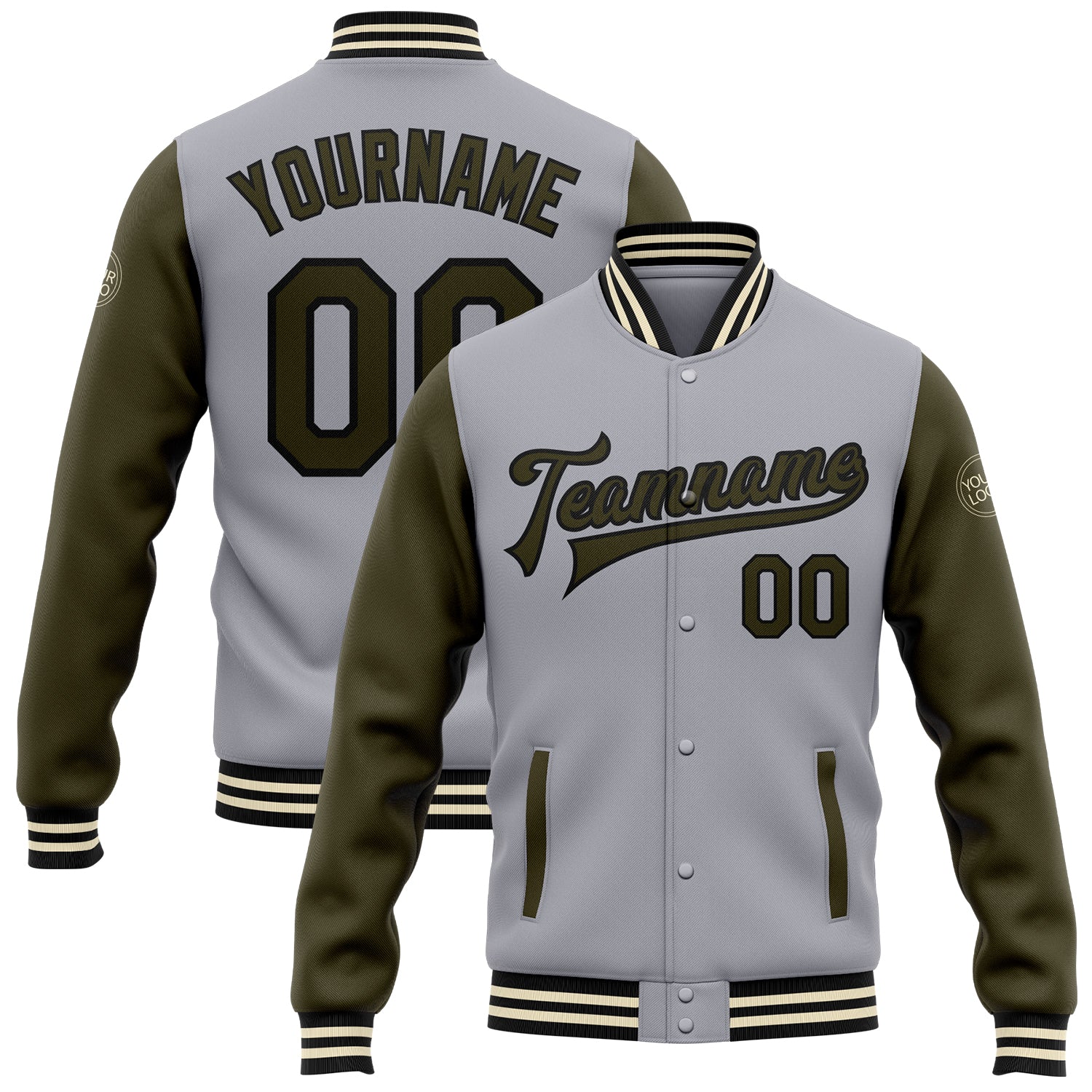 Custom Name Number Two Tone Bomber Varsity Letterman Jacket Gray Olive Black Cream Full-Snap Personalized Personalized Gray