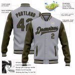 Custom Name Number Two Tone Bomber Varsity Letterman Jacket Gray Olive Black Cream Full-Snap Personalized Personalized Gray